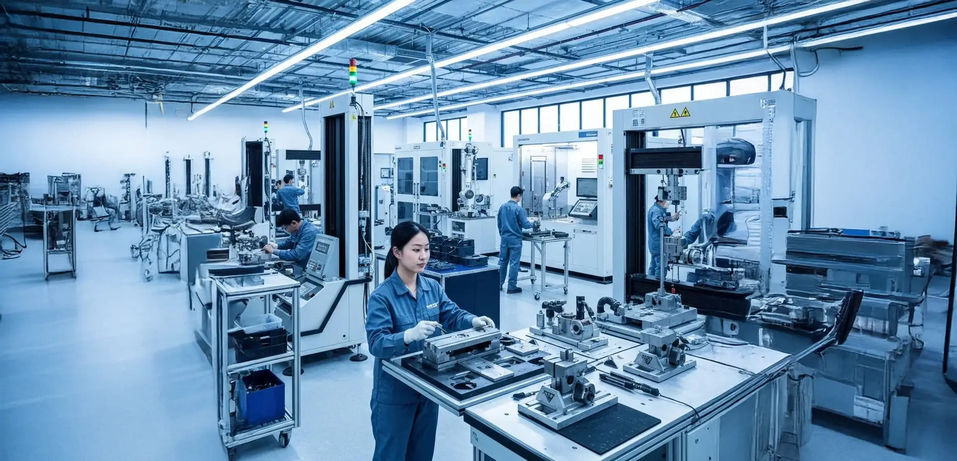 Modern automotive laboratory with technicians performing material testing on vehicle components