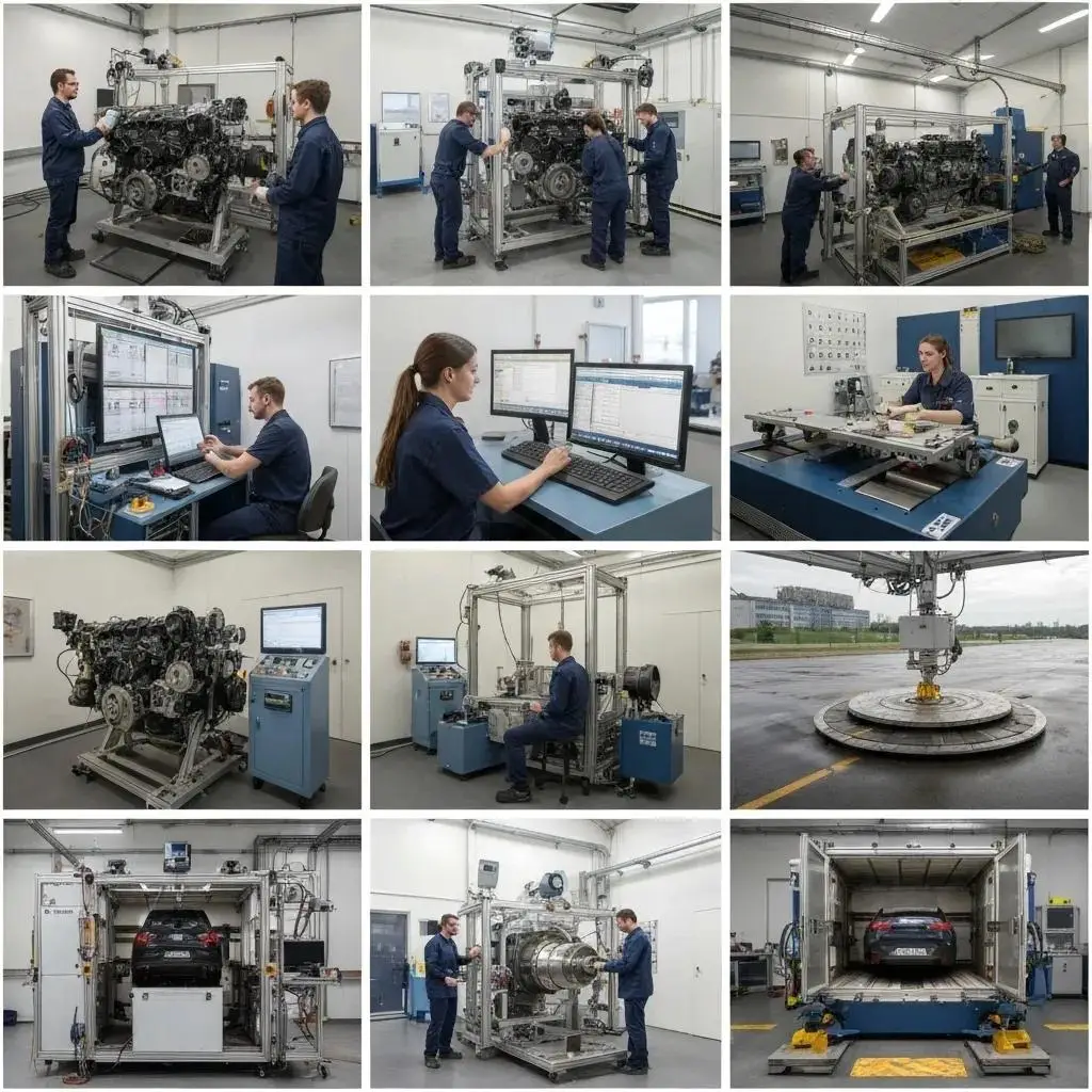 Automotive – Werkstoffprüfung für Fahrzeugindustrie | ASO 3 Bildcollage von Fahrzeugmaterialien und Prüfverfahren im ASO Labor für die Automobilindustrie, einschließlich Kunststoffe, Lacke und technische Textilien.