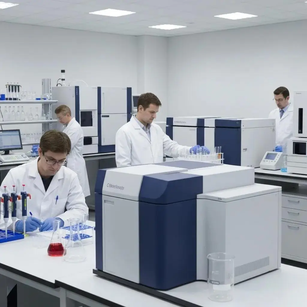 Modern chemical analytical laboratory with advanced testing equipment and scientists at work