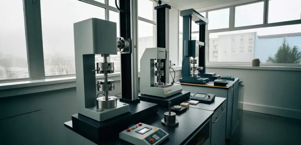 Chemische Laborgeräte Im Vergleich: Was Ist Besser? 3 Laborgeräte im chemischen Labor mit Fokus auf mechanische Prüfgeräte zur Analyse physikalischer Eigenschaften von Materialien.