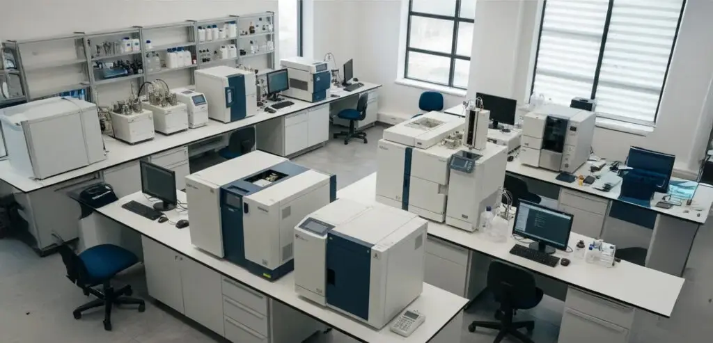 Chemische Laborgeräte Im Vergleich: Was Ist Besser? 4 Laborumgebung mit verschiedenen chemischen Geräten, einschließlich Prüfständen und Messinstrumenten für physikalische und chemische Analysen.