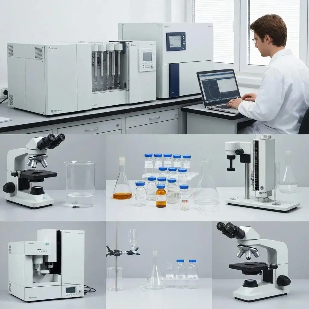 Chemisch Analytisches Labor: Verfahren Und Anwendungen 3 Chemisch-analytisches Labor mit Analysegeräten und Materialien für Spektroskopie, Chromatographie und Mikroskopie zur Qualitätssicherung in der Materialprüfung.