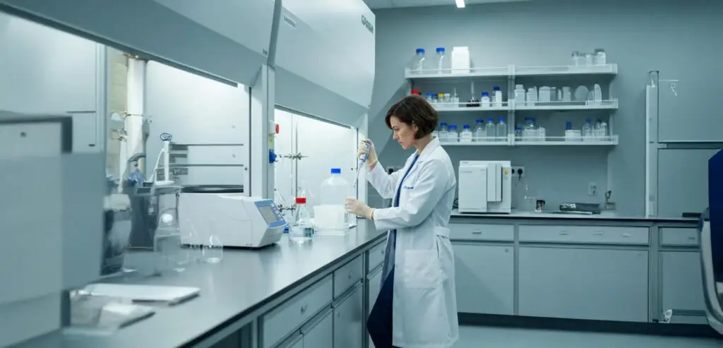 Chemische Analytik im Unternehmen: Unsere Zukunft gestalten 2 Modern laboratory with chemical analysis equipment and a scientist conducting experiments